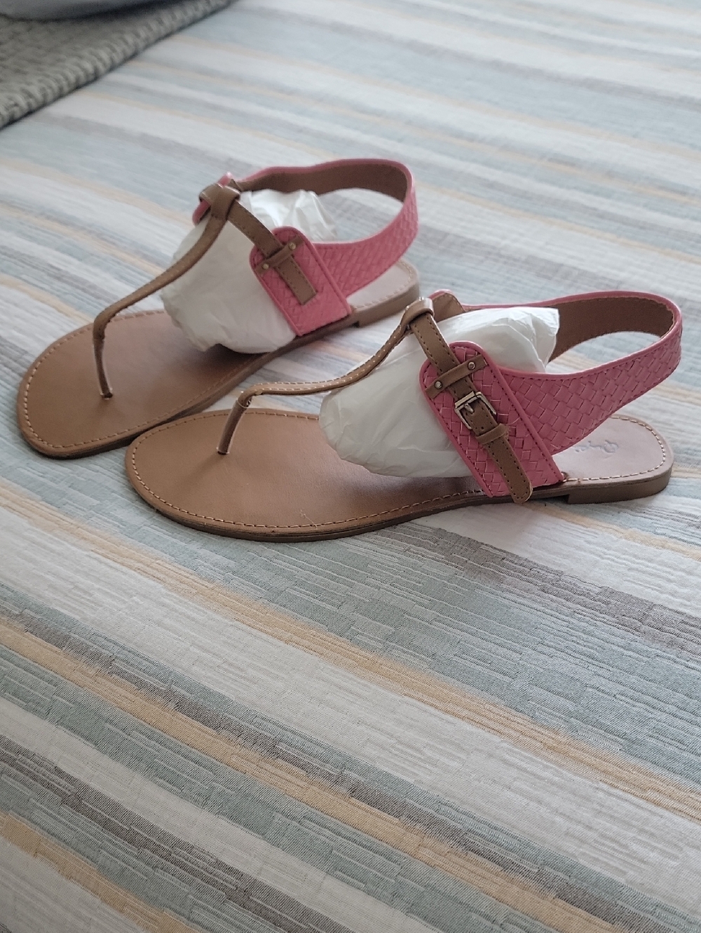 Women’s Pink and Tan T-Strap Sandals